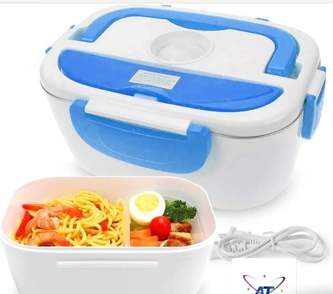 Blue and white electric lunchbox with a warm meal tray
