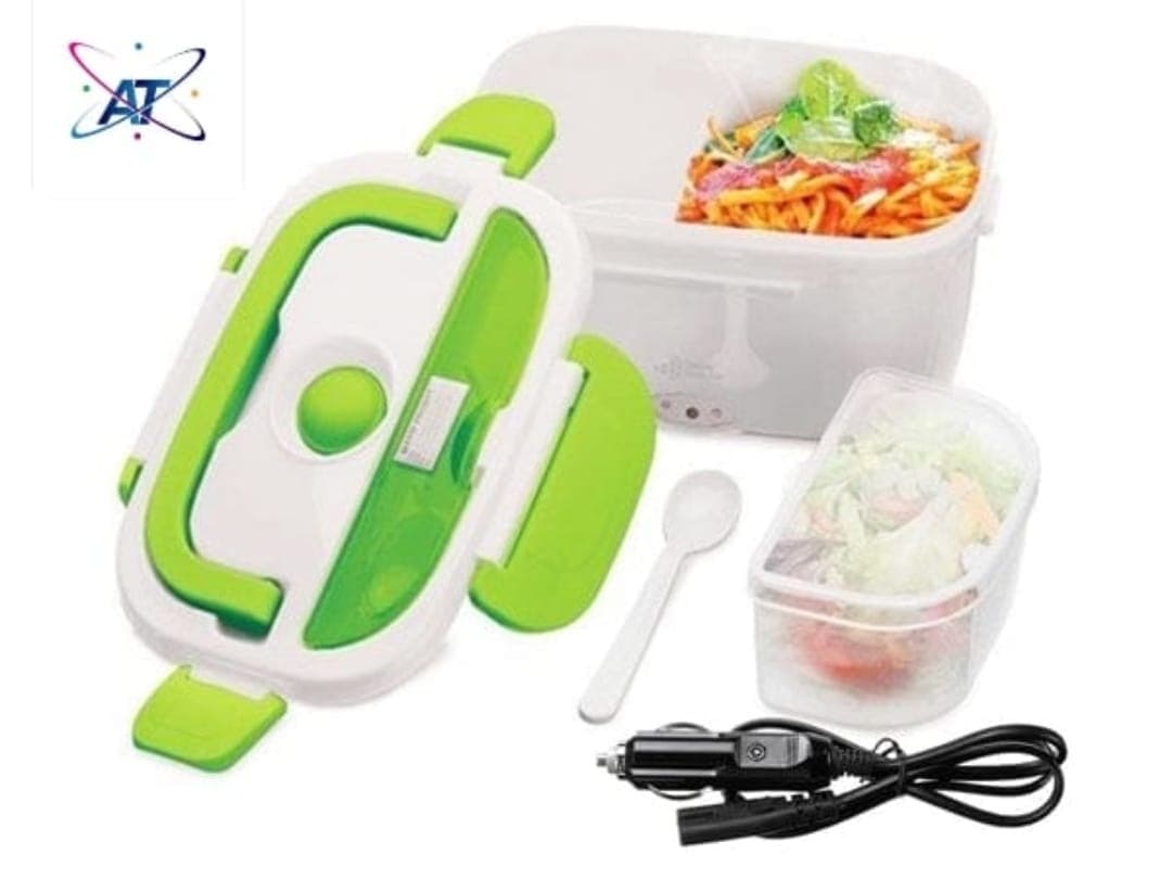 Green and white electric lunchbox kit with compartments and charger